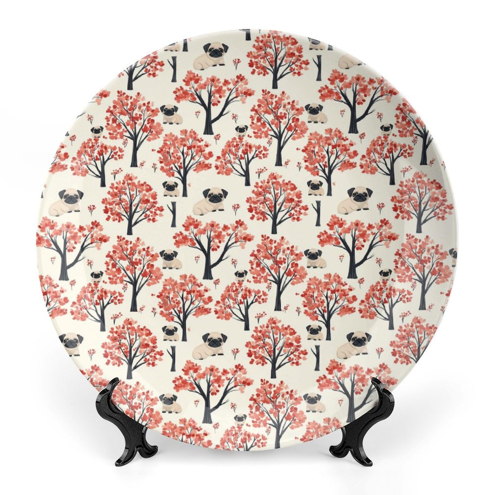 DULAHR Cute Pugs Tree Bone China Decorative Plate Ceramic Decorative Plate Home Wall Decor with Vertical Stand Decorative Plates
