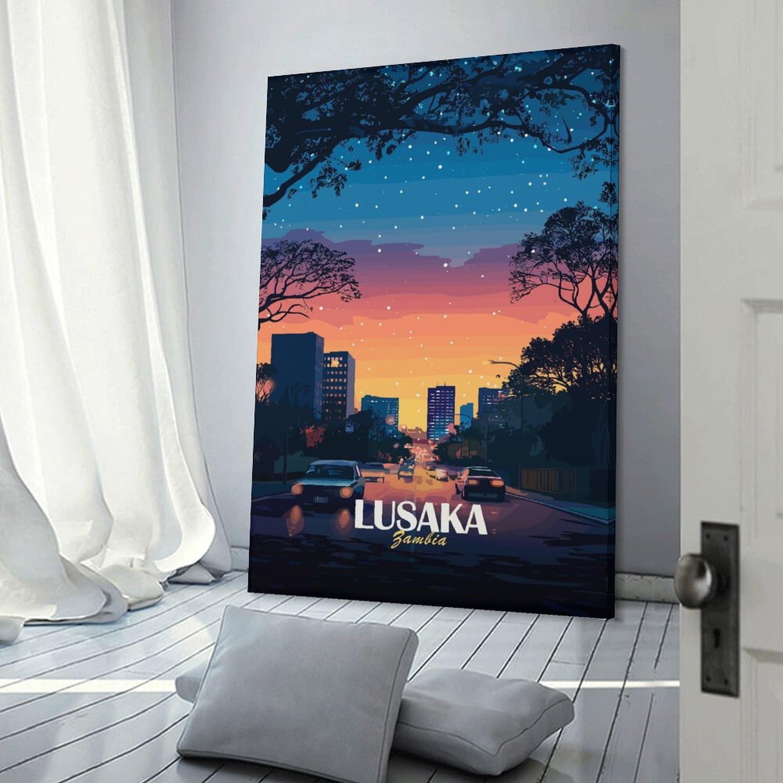Junmoney Lusaka Zambia Cityscape at Dusk Wall Decor Canvas Print, 16x24inch(40x60cm), for Hallway, Lounge Or Guest Room, Decorative Present for New Homes