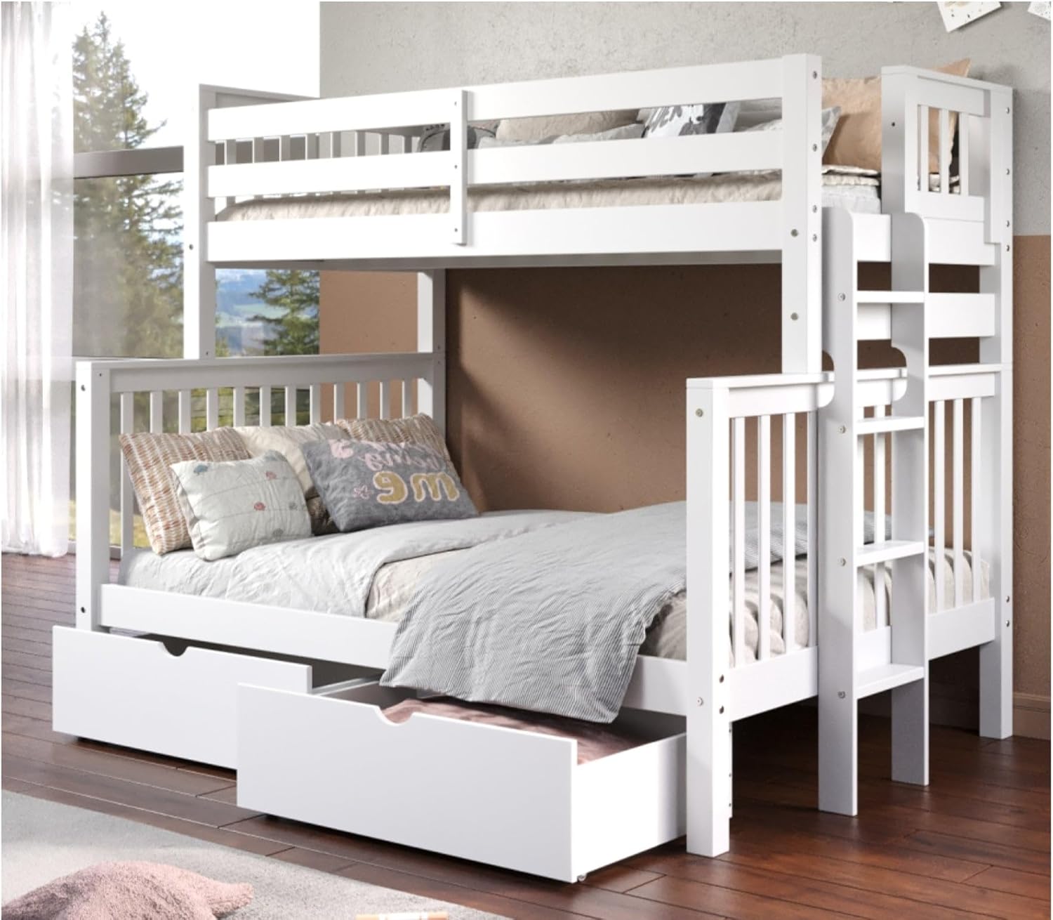 Bedz King Bunk Beds Twin Over Full Mission Style, End Ladder, 2 Storage Drawers, White