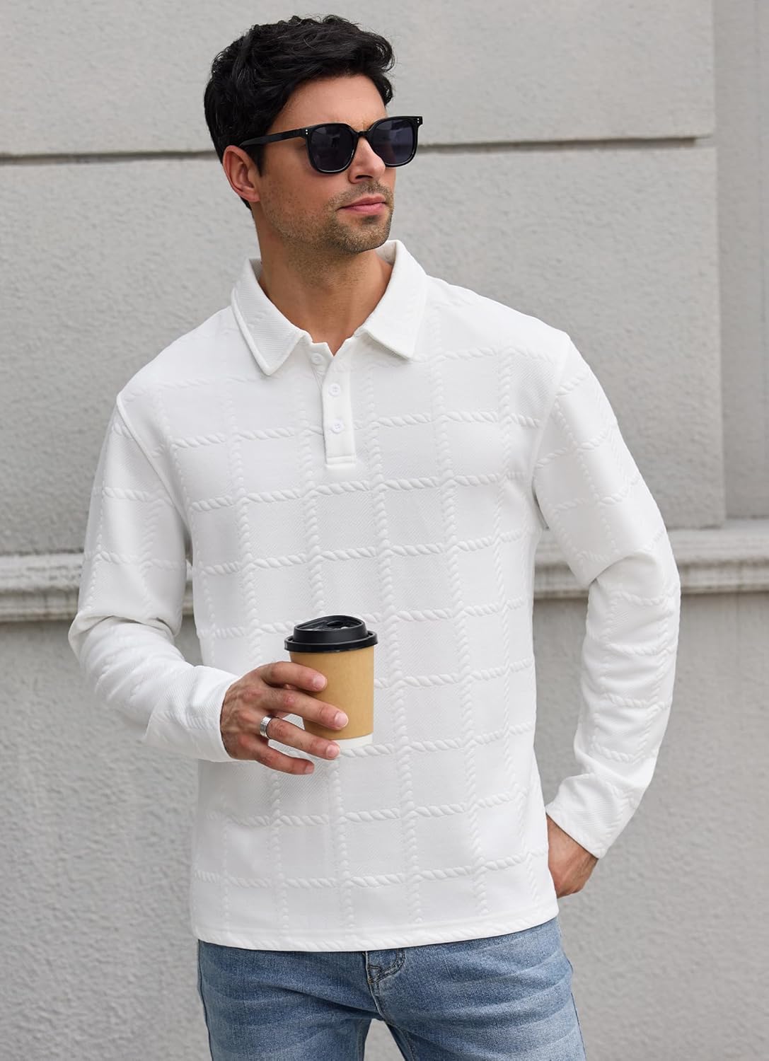 Men's Textured Polo Shirt Cable Knit Long Sleeve Button Down Pullover (S-XXL) - Image 7