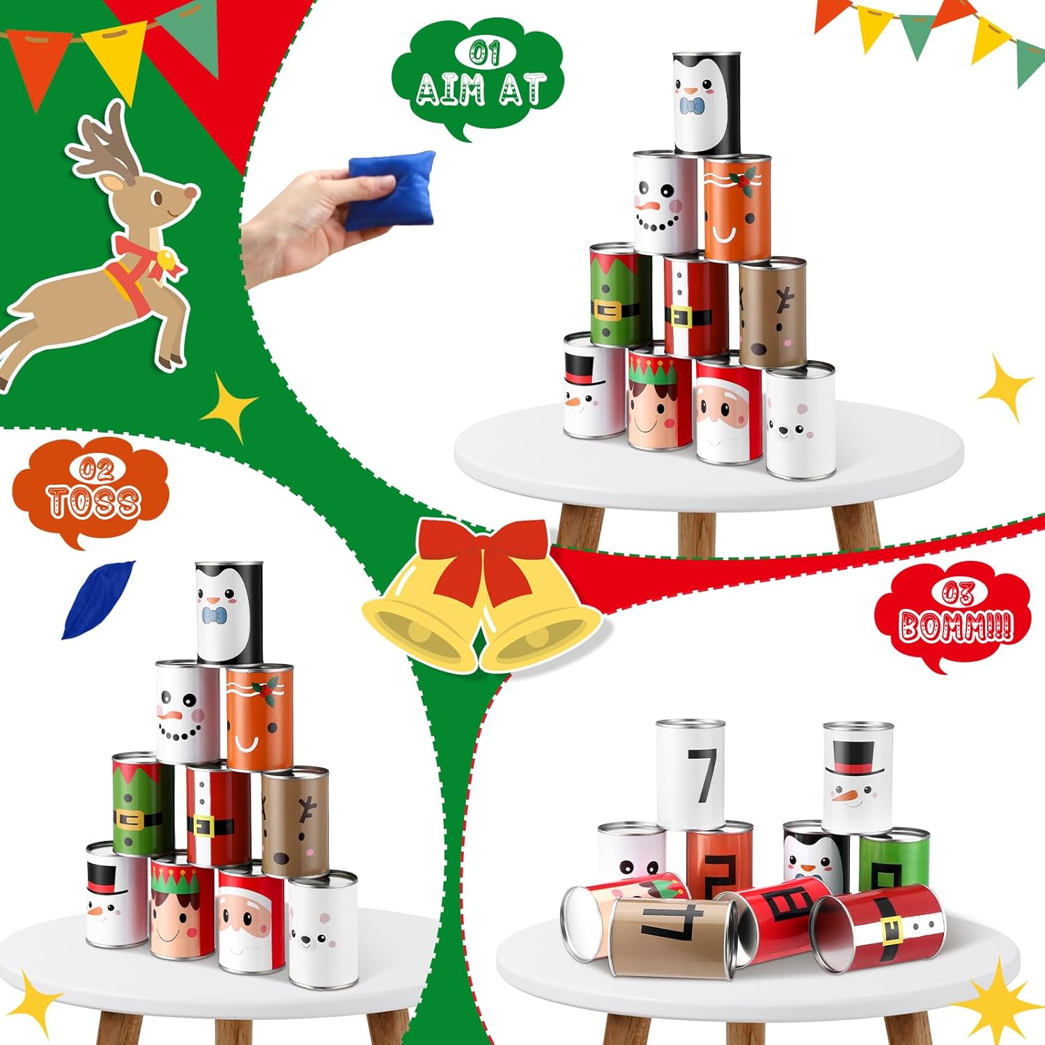 Libima Christmas Can Toss Game 10 Tin Can in 10 Xmas Funny Face 4 Bean Bags Throwing Carnival Games Family Lawn Games for Adult Birthday Family Party Indoor Outdoor Beach Yard Camping