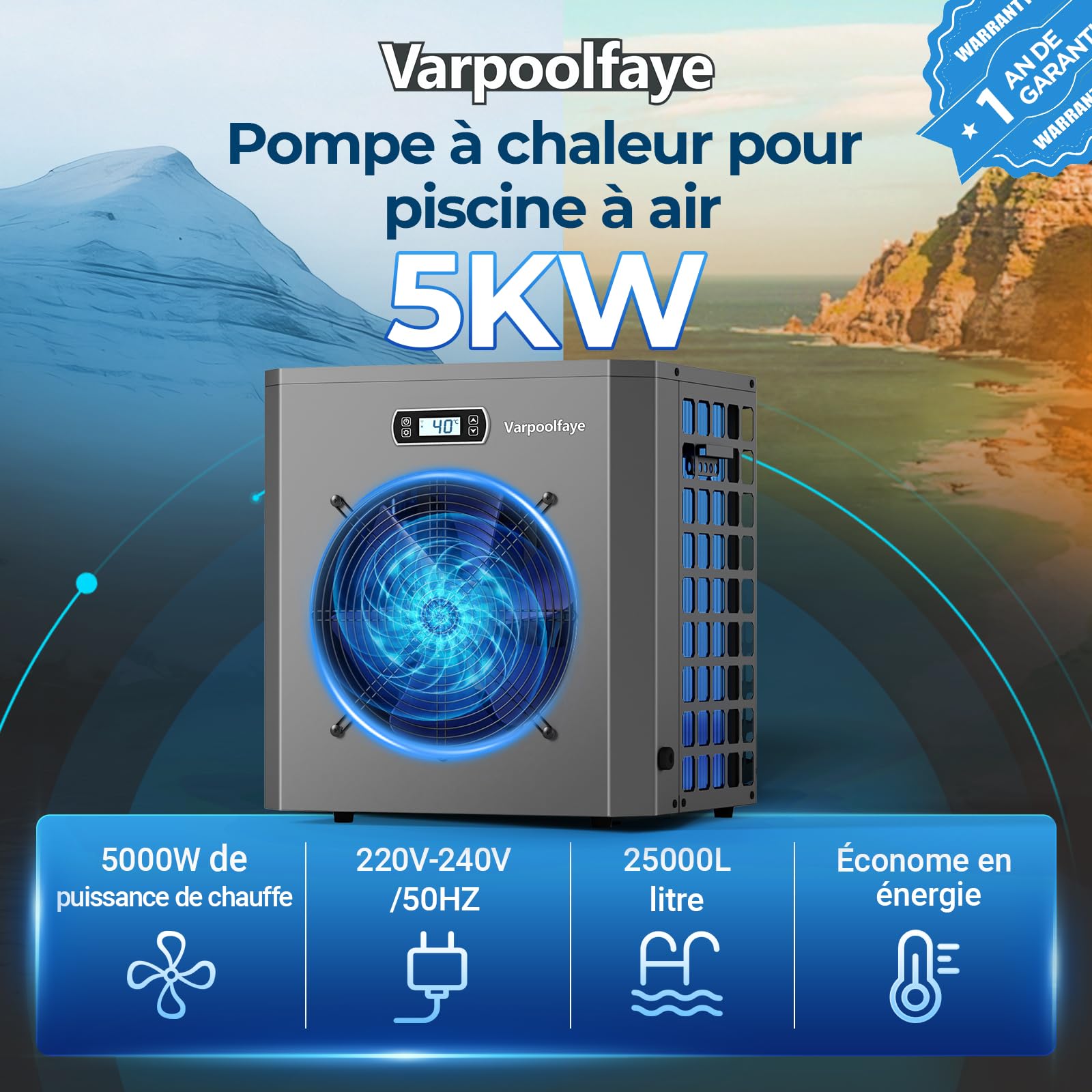 Pompe à chaleur électrique piscine 5 kW 20 m³ contrôle WiFi 220 V 240 V 50 Hz