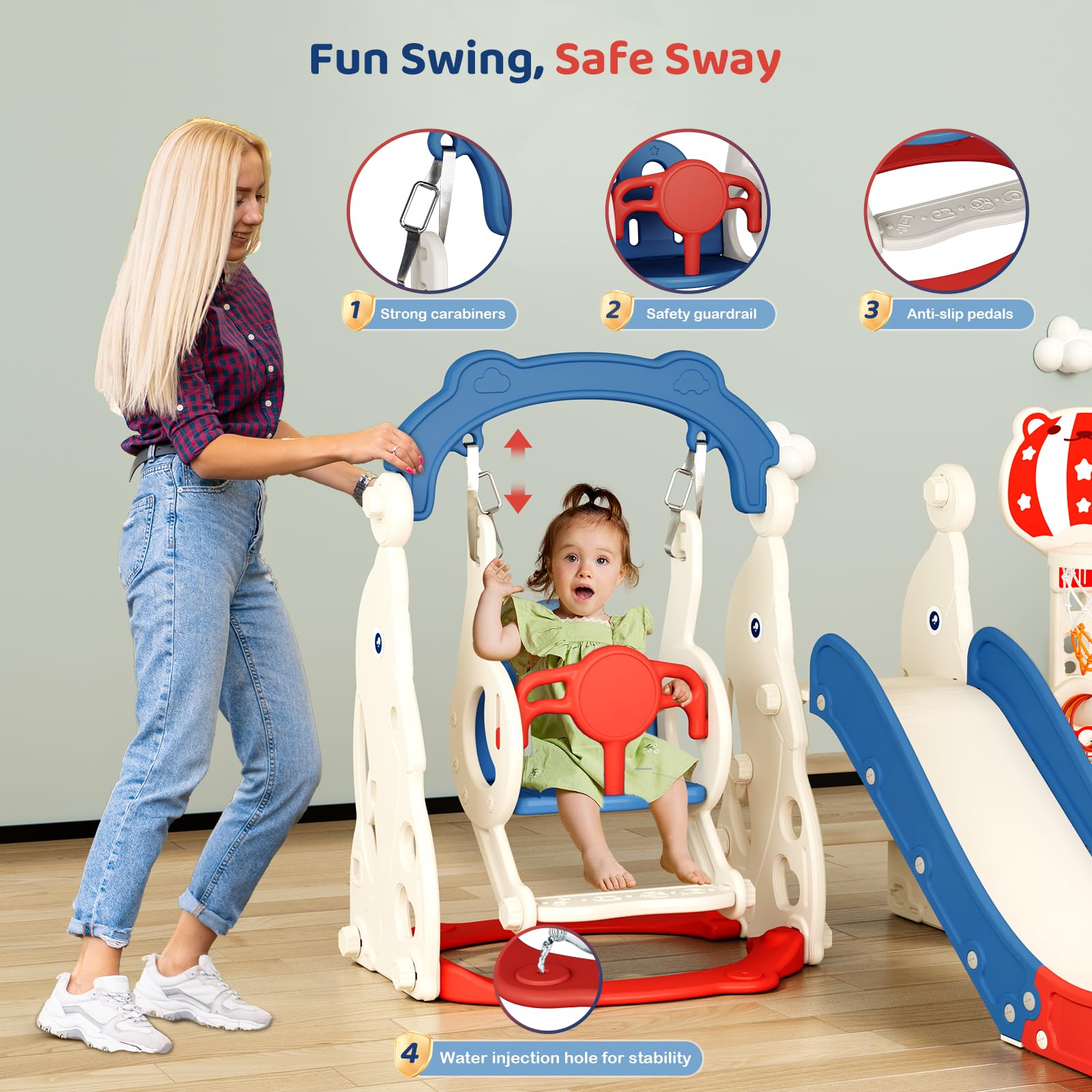 Tobogán infantil grande con cesta de baloncesto, estructura de escalada de jardín, telescopio, espacio de almacenamiento para 1-3 años, extra largo 1700 mm (fútbol + baloncesto 4 cestas +