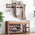 39.4" Bamboo Shoe Bench with Cushion, 6 Hooks Coat Rack, 3-Tier Adjustable Storage Bench for Entryway, Heavy Duty Shoe Rack Organizer with Removable Soft Cushion for Living Room Bedroom Hallway
