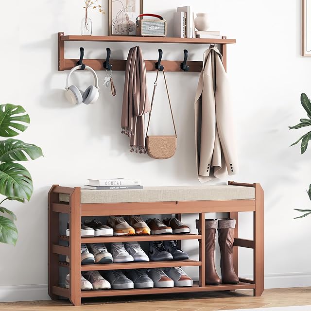 39.4" Bamboo Shoe Bench with Cushion, 6 Hooks Coat Rack, 3-Tier Adjustable Storage Bench for Entryway, Heavy Duty Shoe Rack Organizer with Removable Soft Cushion for Living Room Bedroom Hallway