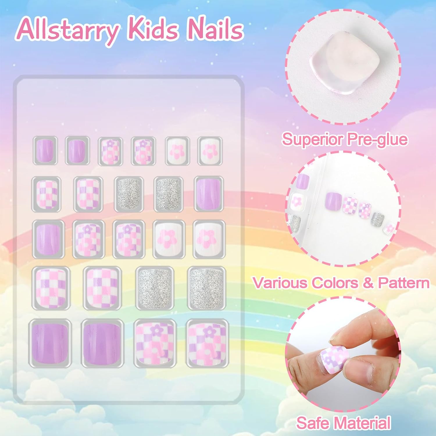 Allstarry Kids Press on Nails, 3 Packs Nails for Kids Children Nail Press on Pre-glue Full Cover Glitter Star Moon Flower Short False Nail Kits Lovely Gift for Children Little Girls Nail Art