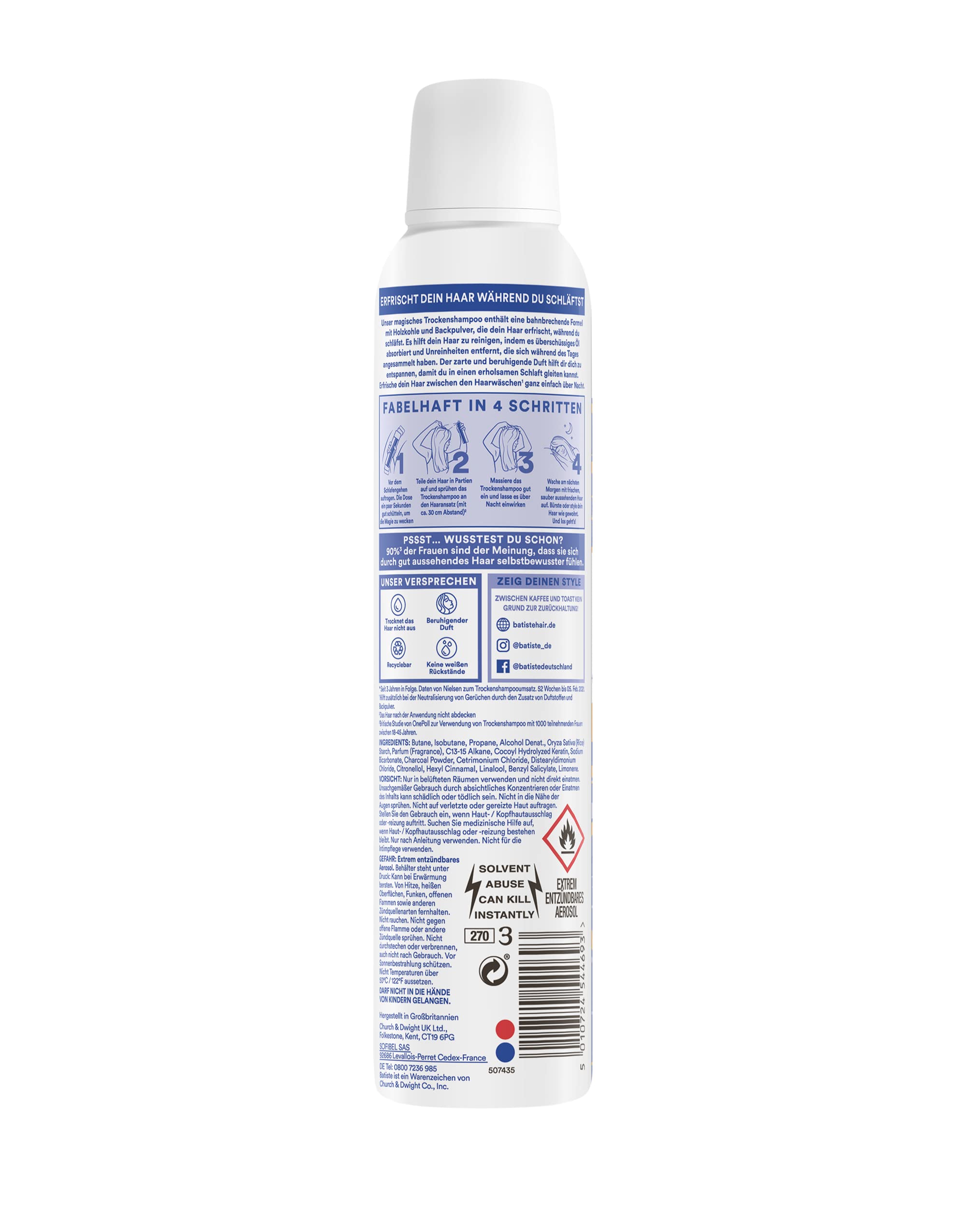 Batiste Overnight Fresh suchy szampon 200 ml, suchy szampon do odświeżania i stylizacji włosów, spray do stylizacji bez spłukiwania, czyszczenie włosów na noc