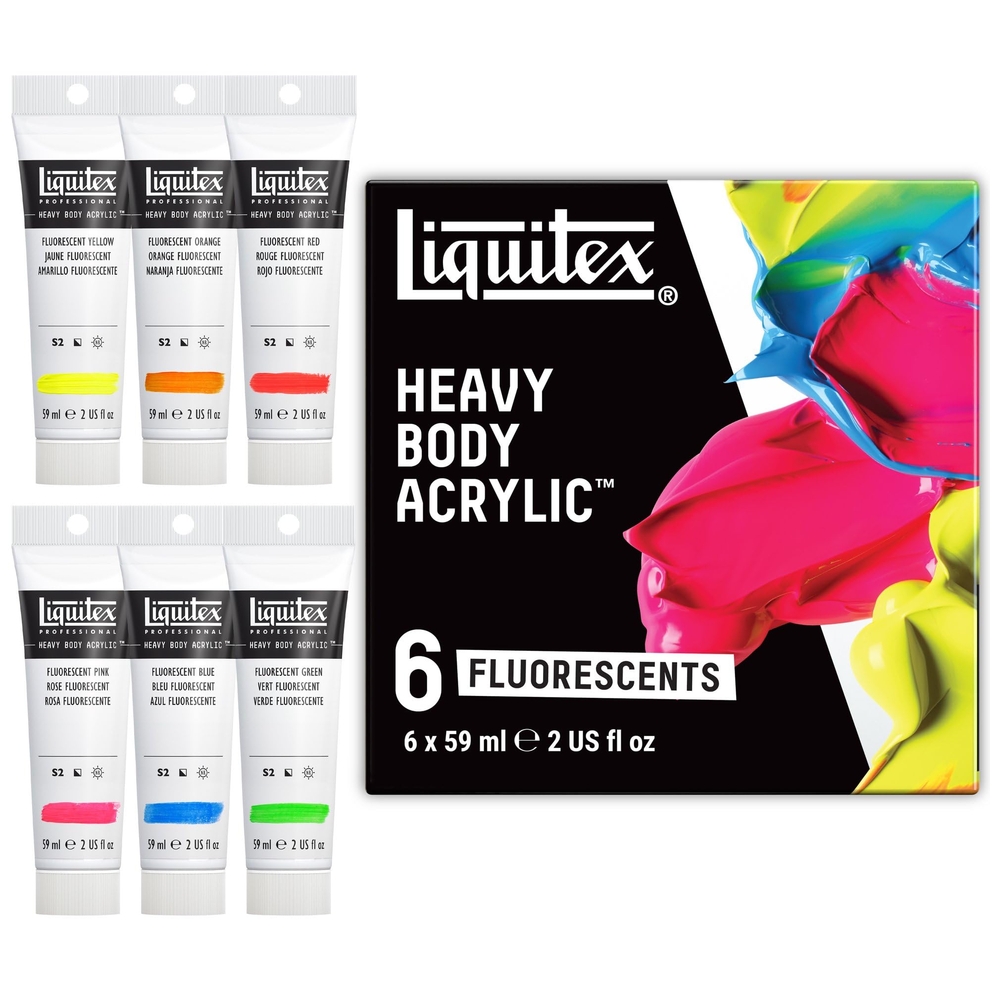 Liquitex Lot de 6 peintures acryliques professionnelles lourdes, 59 ml, couleurs fluorescentes