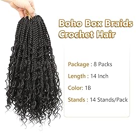 8 Packs Goddess Box Braids Crochet Hair for Black Women-14 Inch Boho Crochet Braids Hair Synthetic Braiding Hair Extensions (1B)