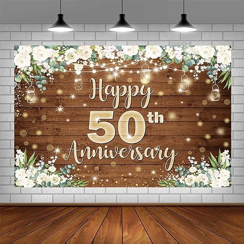 Miniatura 3 de Telón de fondo de feliz aniversario de 7 x 5 pies para parejas que saludan a 50 años, decoración de fiesta de cumpleaños, flores blancas, tablero