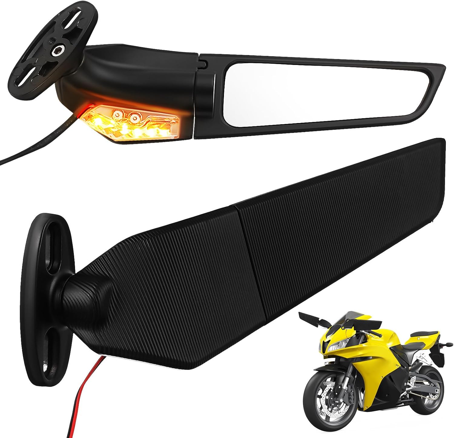 MERRYHAPY Motorcycle Rearview Mirrors with Turn Signals 1 Pair Black Large Lens Wing Fin Side Mirrors for Cruiser Bikes Compatible with Harley and Touring Models