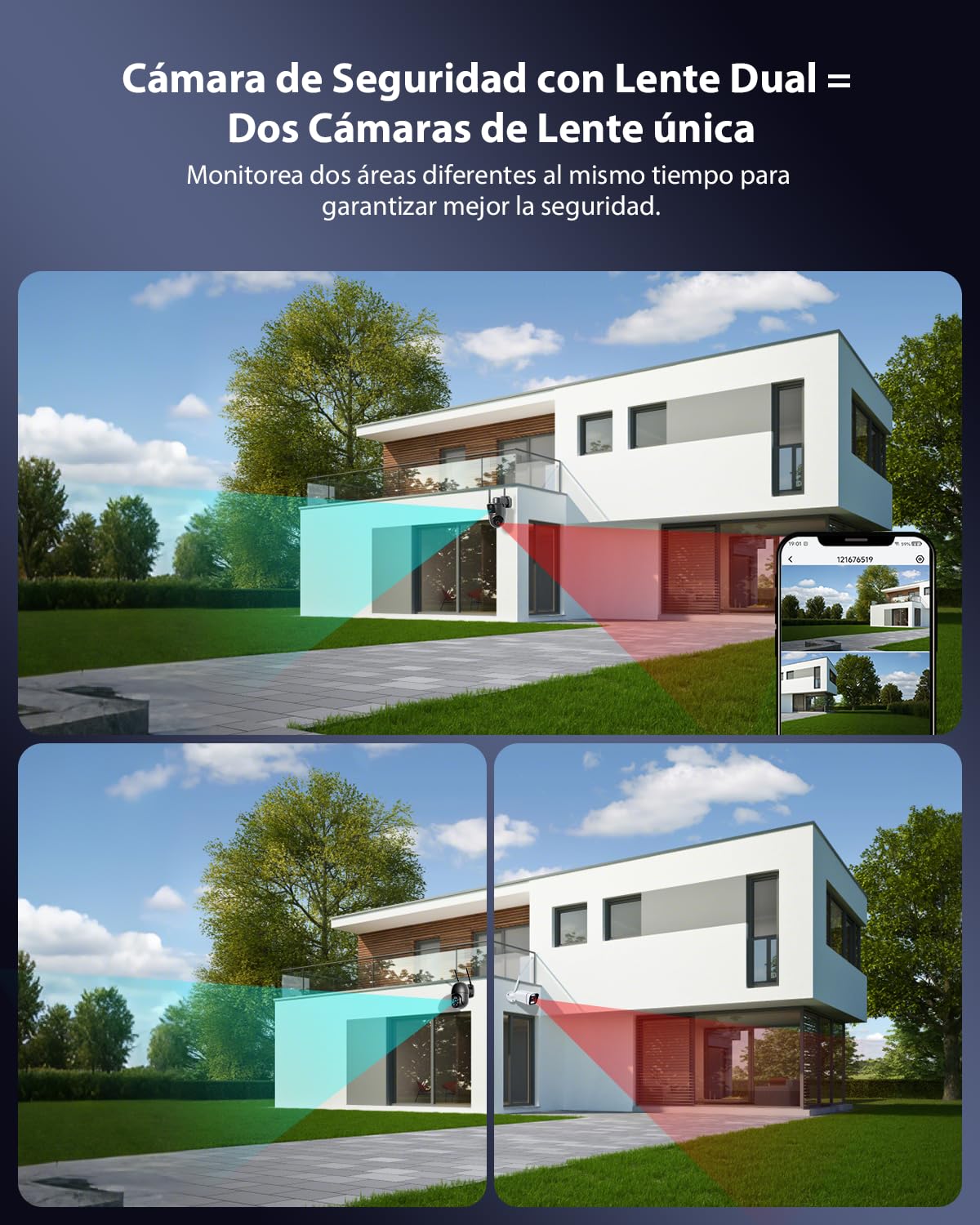COCOCAM 2K Camara Vigilancia WiFi Exterior Solar Doble PIR Lente | Doble AI Humana Detección, Batería 10000mAh, Panel Solar 6W, Visión Nocturna Color, 355°P 90°T, IP66, Solo 2.4G WiFi