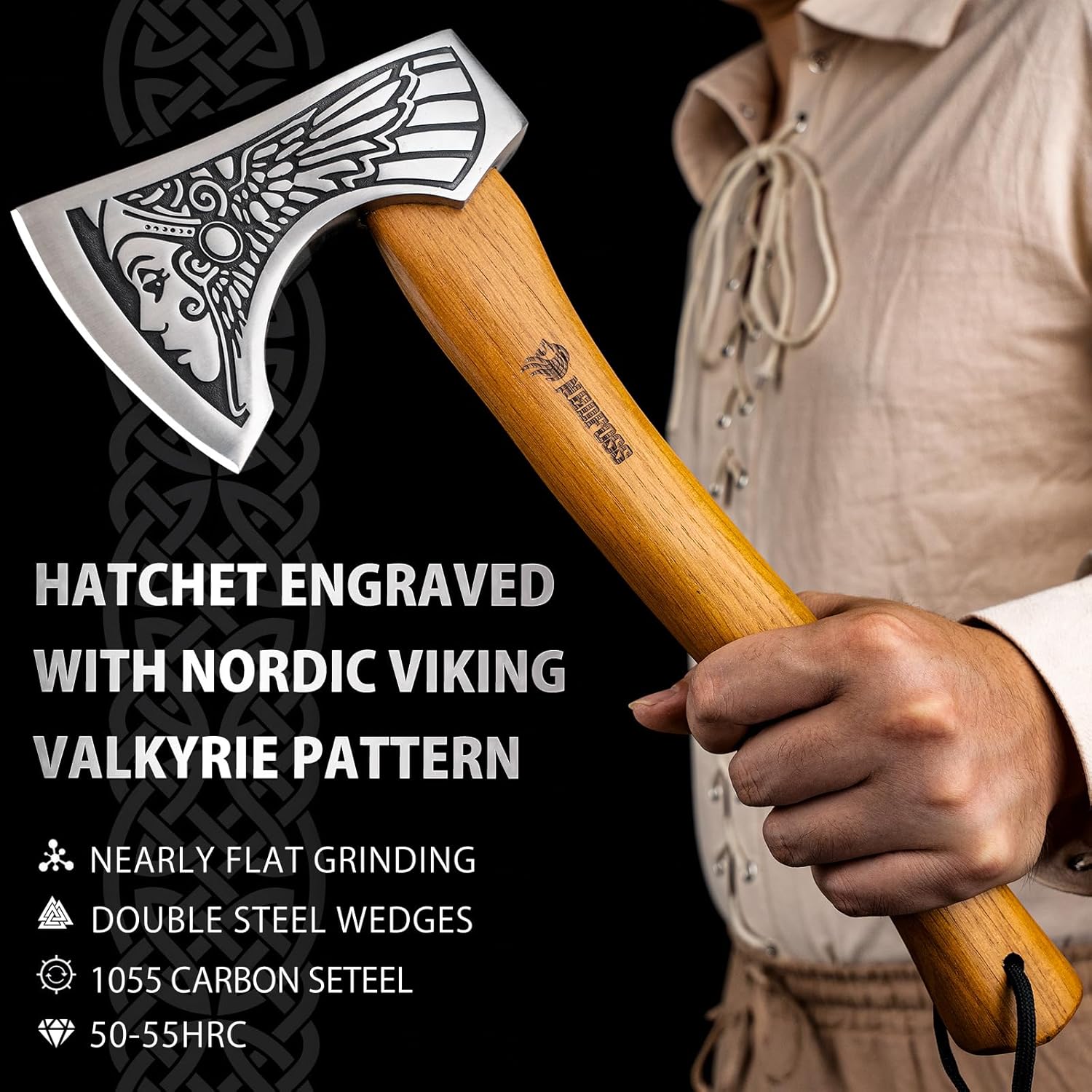 NedFoss 13" Valkyrie Viking Axe, Handmade Viking Hatchet with Leather Sheath, High Carbon 1055 Steel Blade, Premium Viking Axes Design for Camping Bushcraft Hatchet, Collection, Gift for Men Women