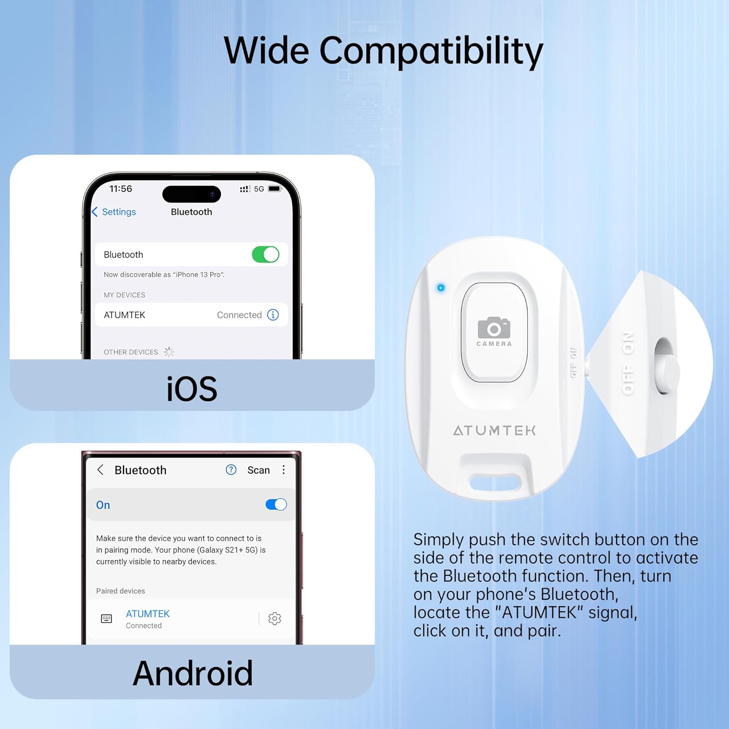 Screenshots showing Bluetooth pairing steps for both iOS and Android devices, with a close-up of the remote's on/off switch.