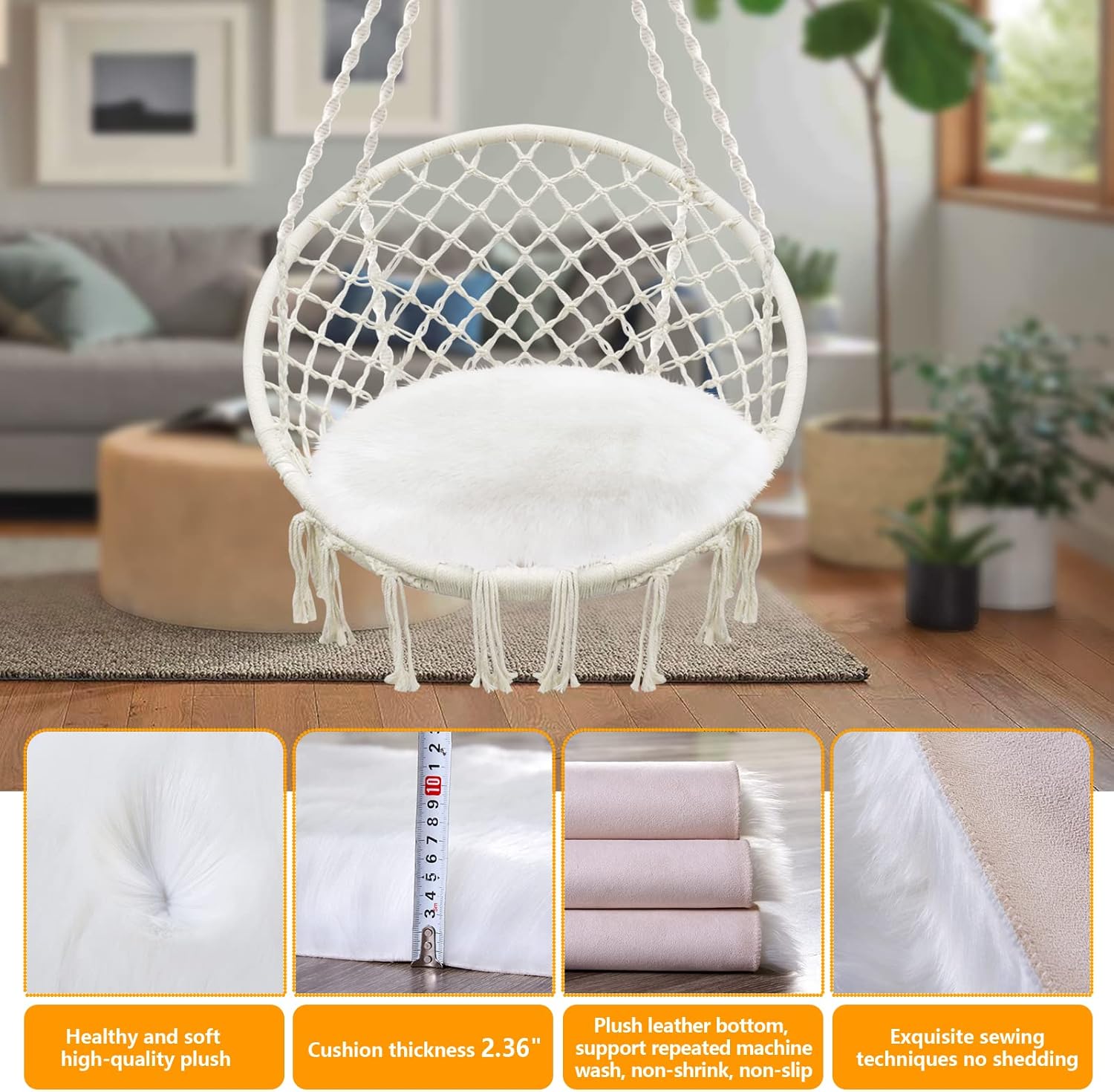 SURPCOS Round Hammock Chair Swing with Two Cushion, Upgraded Max 550LBs Macrame Swing for Indoor and Outdoor Use, Hanging Cotton Rope Macrame Hammock Chair Swing with Stainless Steel Hardware Kits