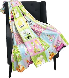 Easter Spring Throw Blanket: Playful Patchwork of Spring Bunny Characters, Soft Cozy Velvet Fleece, Pink Blue White, 50