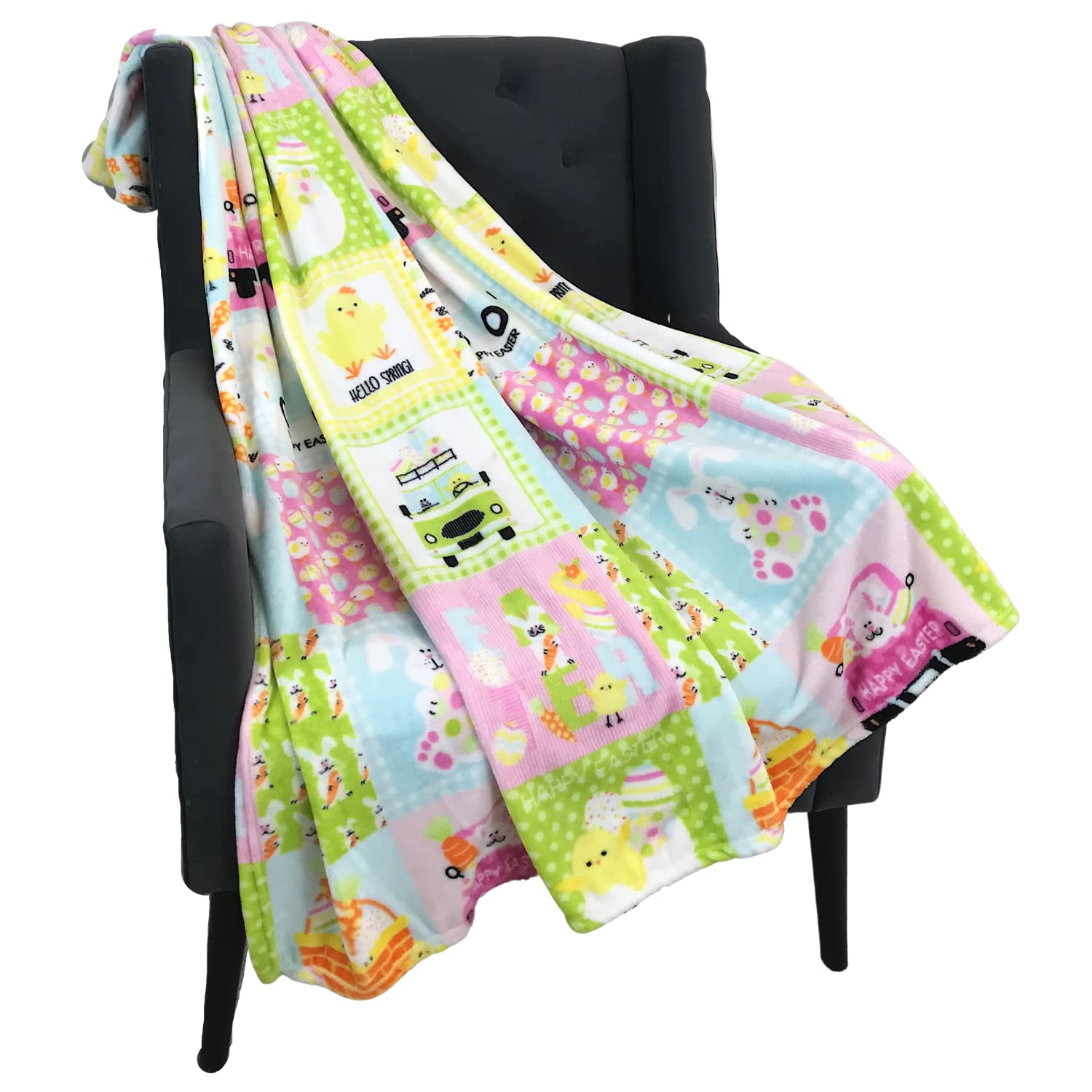 Easter Spring Throw Blanket: Playful Patchwork of Spring Bunny Characters, Soft Cozy Velvet Fleece, Pink Blue White, 50" x 60" Inch for Girls Boys (Easter Patch)