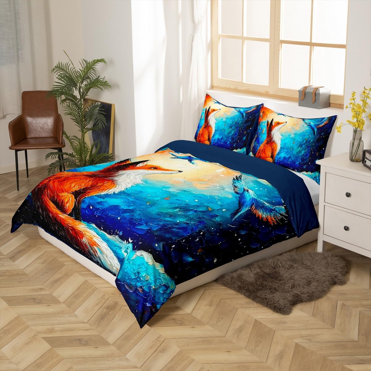 Loussiesd Fox Duvet Cover Double Size Kids Cute Cartoon Fox Bed Set for Boys Girls Teens Moon Bird Bedding Set Breathable Oil Painting Style Bedspread Cover Room Decor - Image 2