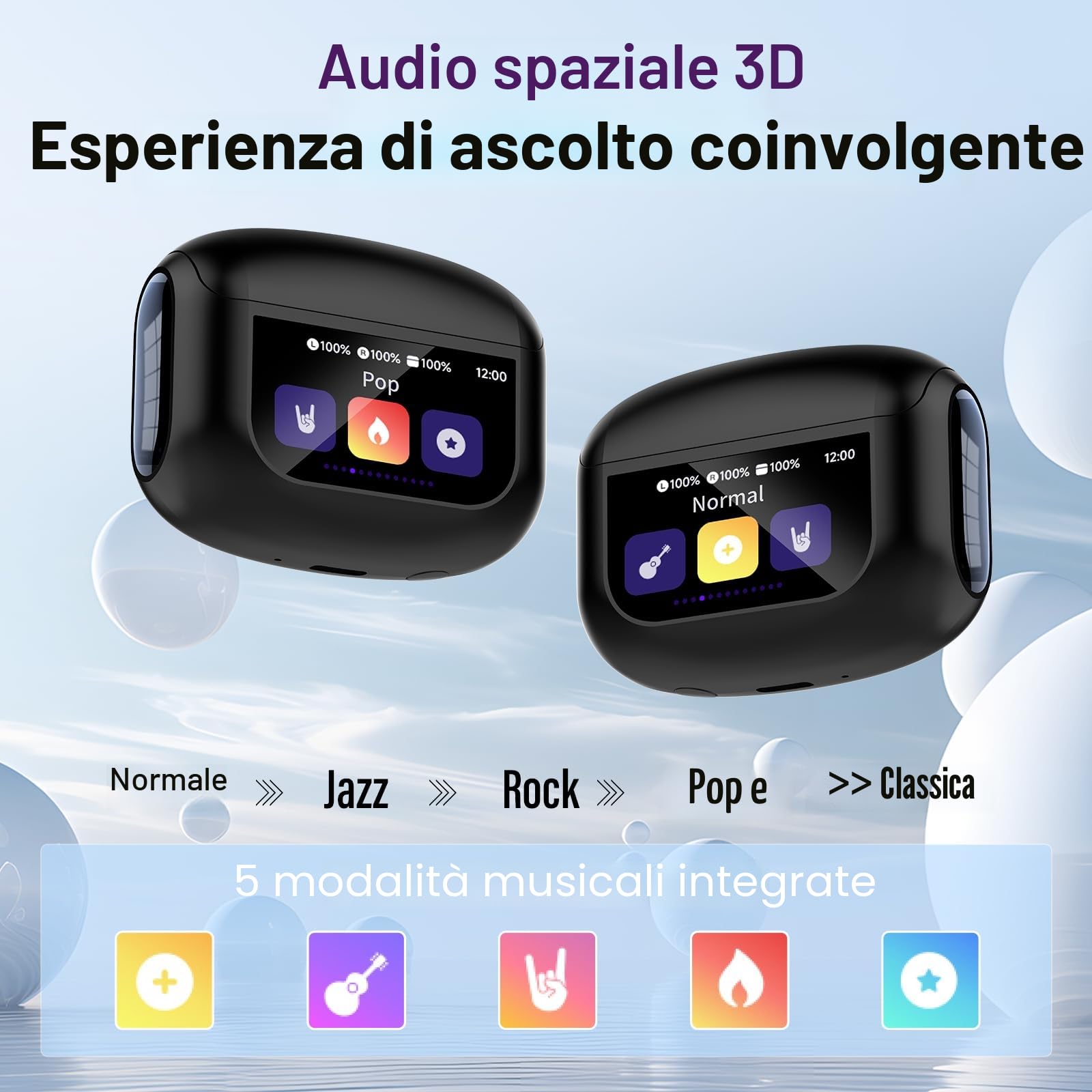 2026 Cuffie Bluetooth, 48 Ore Auricolari Bluetooth 5.4 Touch Screen, ANC/ENC Cancellazione Rumore Cuffie Senza Fili, 5 Equalizzatore, Stereo Hi-Fi Cuffie Wireless, IPX7 Impermeabile Cuffiette Nero