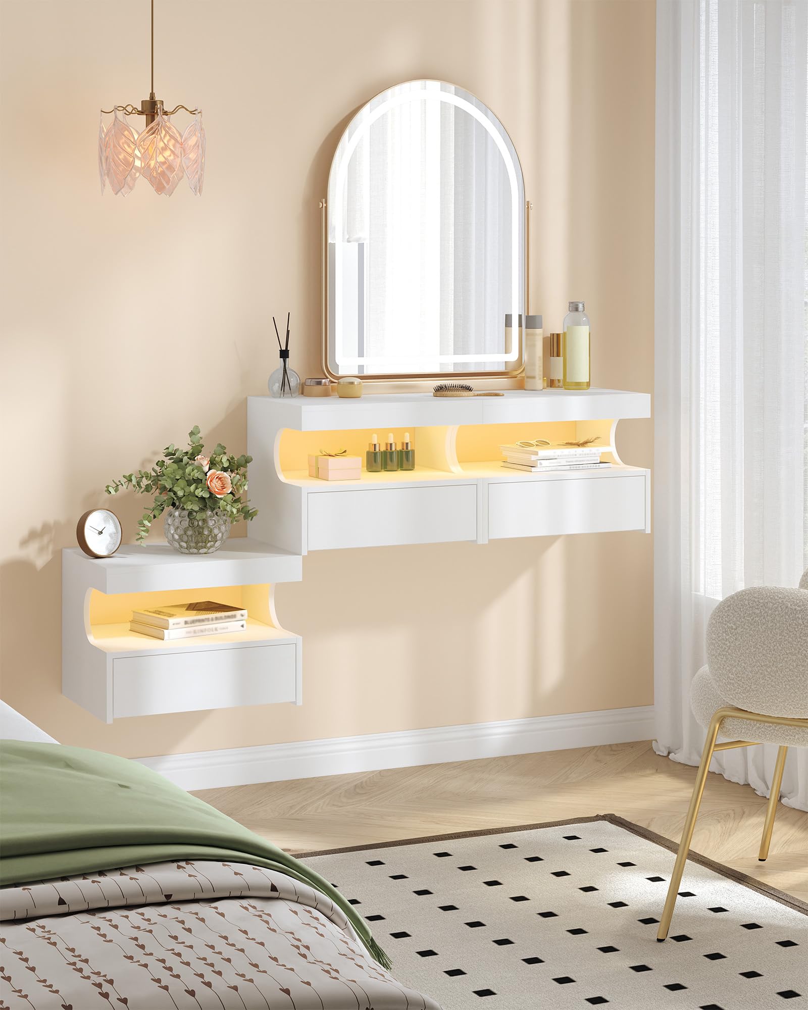 Hzuaneri Table de Chevet Suspendue Lot de 2, Table de Nuit Suspendue LED, Tables de Chevet Murale avec 1 Tiroir Coulissant avec Espace Ouvert, Moderne, pour Chambre à Coucher, Salon, Blanc NS50403XEU