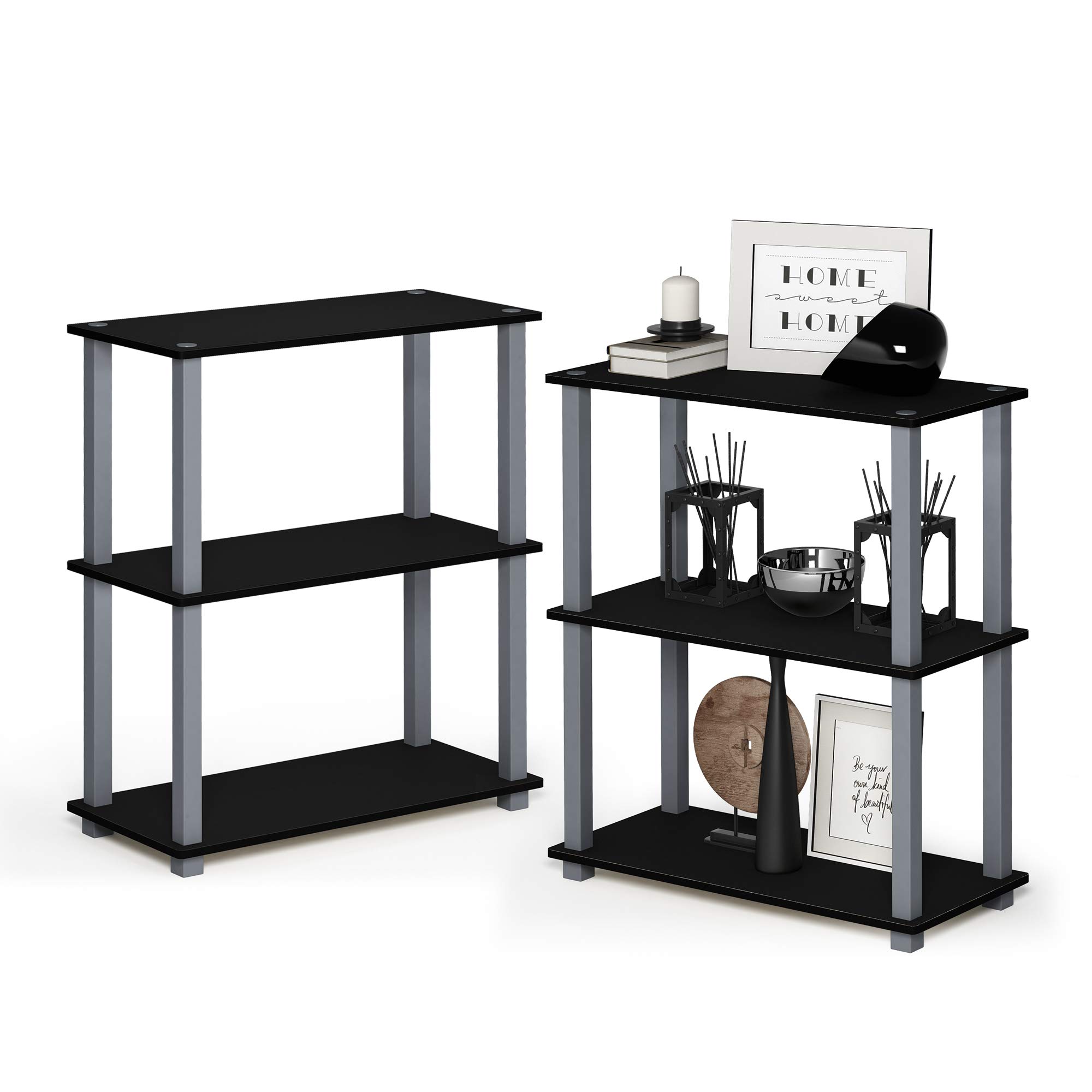 Furinno TURN-S-TUBE Storage Shelves Set of 2, 3-Tier Book Shelf, Corner Shelf, Toolless Open Shelves, Square Tubes, for Organization and Storage, Living Room, Garage, Home Office, Black