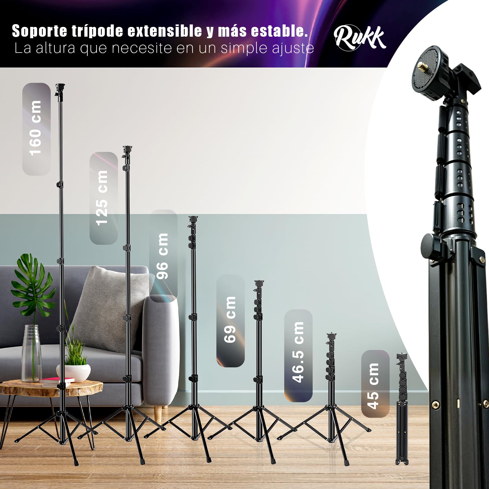 RUKK Aro de Luz con Trípode Extensible 160cm - Anillo de Luz LED 10” para Móvil (3 Modos, 10 Brillos) con Control Remoto Bluetooth - Ring Light Profesional para TikTok, Maquillaje y Youtube