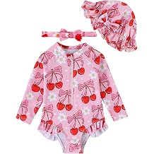 DivingBirds Baby Girls Long Sleeve Bathing Suit with Hat, 3 Months-3 Years | Toddler girls bathing suit with snap buttons and zipper, matching hat, ruffled hem, soft stretchy quick-dry fabric