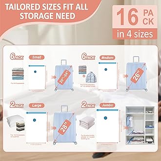 Cozy Essential Vacuum Storage Bags with Electric Pump, 16 Pack (2 Jumbo/2 Large/6 Medium/6 Small) Vacuum Seal Space Saver Bags for Clothing, Pillows, Blanket, Bedding, Comforters