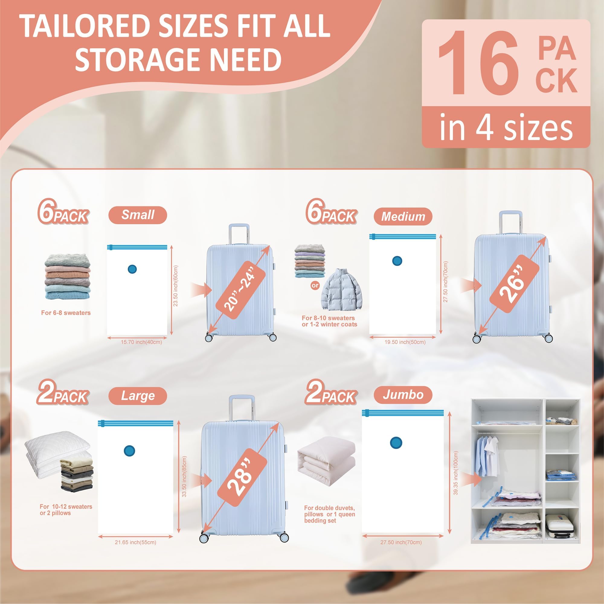 Cozy Essential Vacuum Storage Bags with Electric Pump, 16 Pack (2 Jumbo/2 Large/6 Medium/6 Small) Vacuum Seal Space Saver Bags for Clothing, Pillows, Blanket, Bedding, Comforters