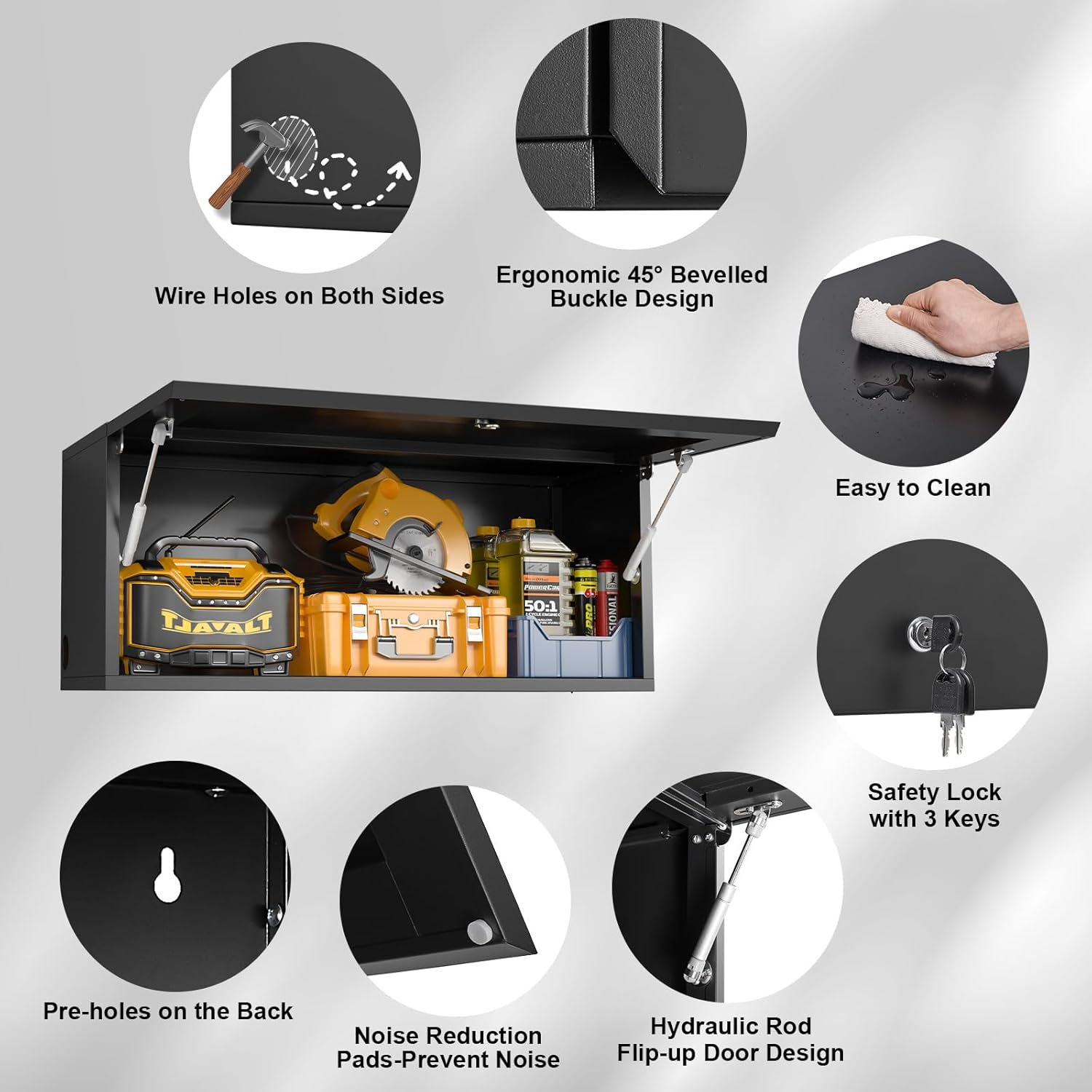 Image showing the MetalMax wall cabinet with wire holes on both sides, allowing cables to pass through for electronic devices stored inside.