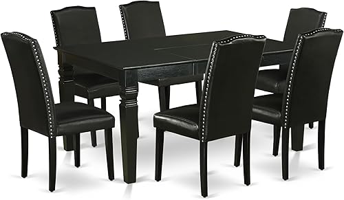 East West Furniture WEEN7-BLK-69 - Juego de mesa de comedor de 7 piezas compuesto por una mesa de comedor rectangular con hoja de mariposa y 6