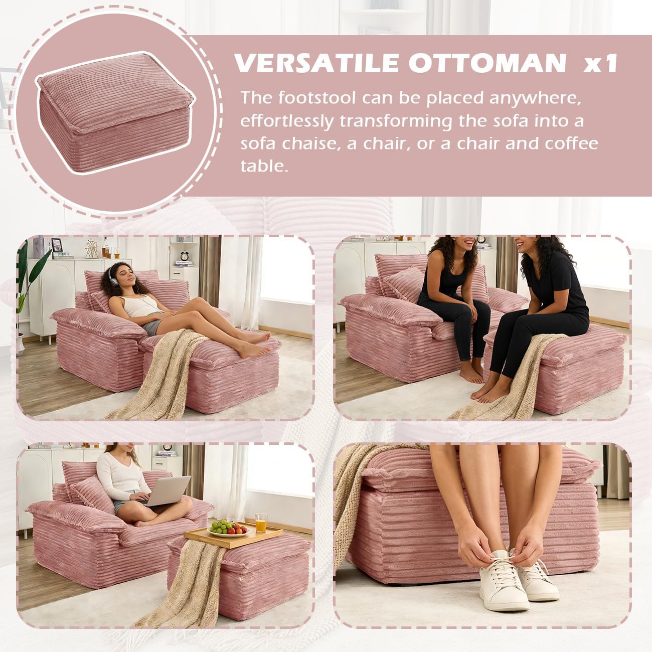 Boneless Cloud Sofa with Ottoman,47" Corduroy Comfy Couch for Living Room Furniture Sets, Compressed Couch with Footstool & Throw Pillow Cushion for Small Spaces,No Assembly Needed,Pink