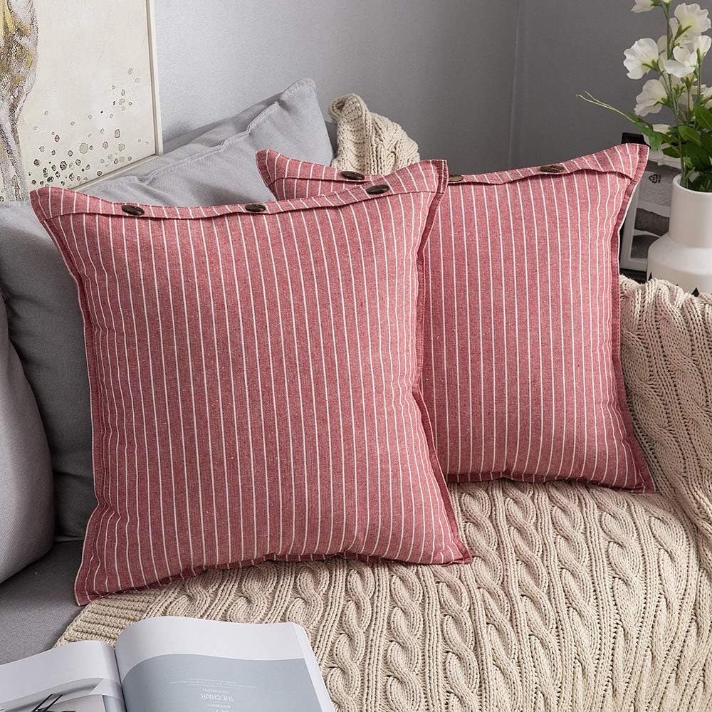 MIULEE Pack of 2 Farmhouse Decorative Throw Pillow Covers Button Linen Pillowcases Modern Stripe Lumbar Cushion Case for Couch Sofa Bedroom, 20 x 20 Inch, Red