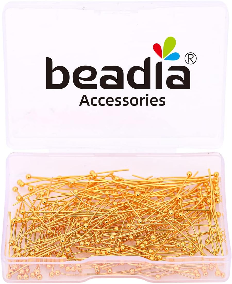 BEADIA 18K Gold Plated Ball Head Pins Non Tarnish 30mm 200pcs for Jewelry Making Findings