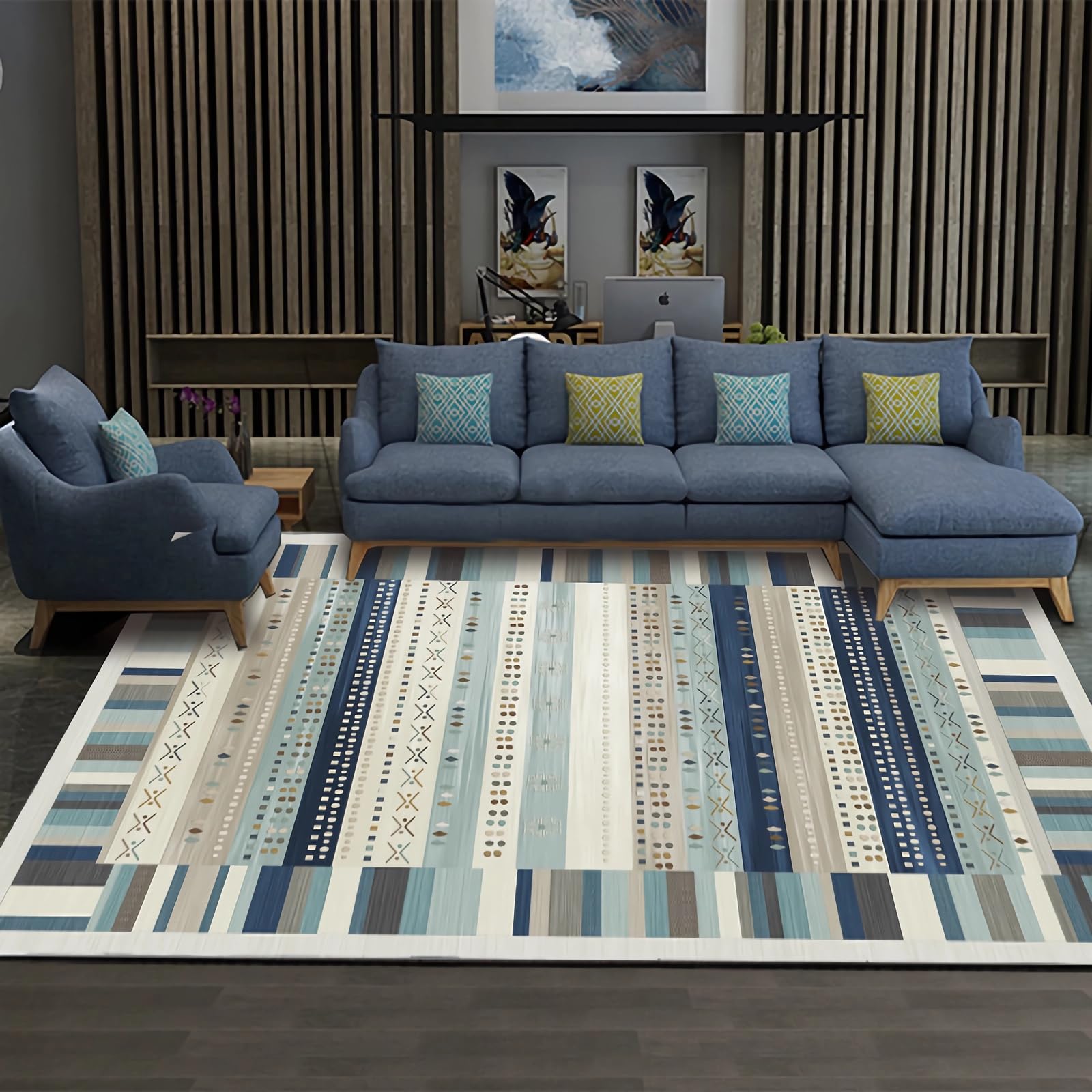 Deko Balkon Rutschfester waschbarer Teppich gelb blaues Streifendesign,teppiche modern Designer für Wohnzimmer bettvorleger Schlafzimmer waschbar 160x230cm