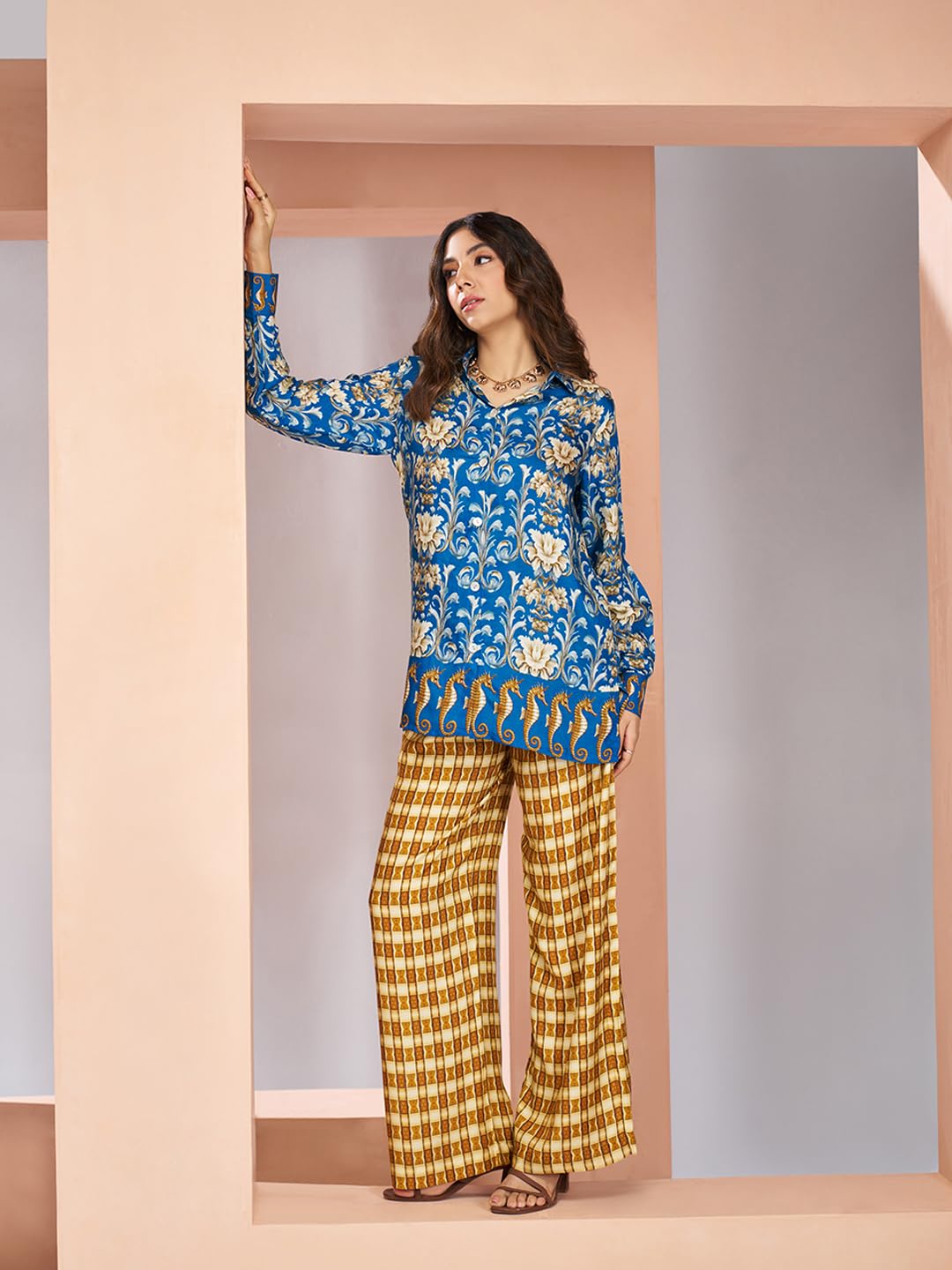 FUSIONIC Blue Yellow Printed Co-ord Set for Women 3