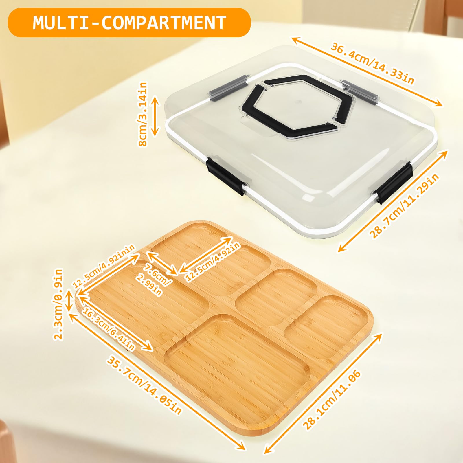 KEENSO Plateau 3 Compartiments En Céramique Avec Couvercle En Bambou Pour Fruits, Apéritifs Et