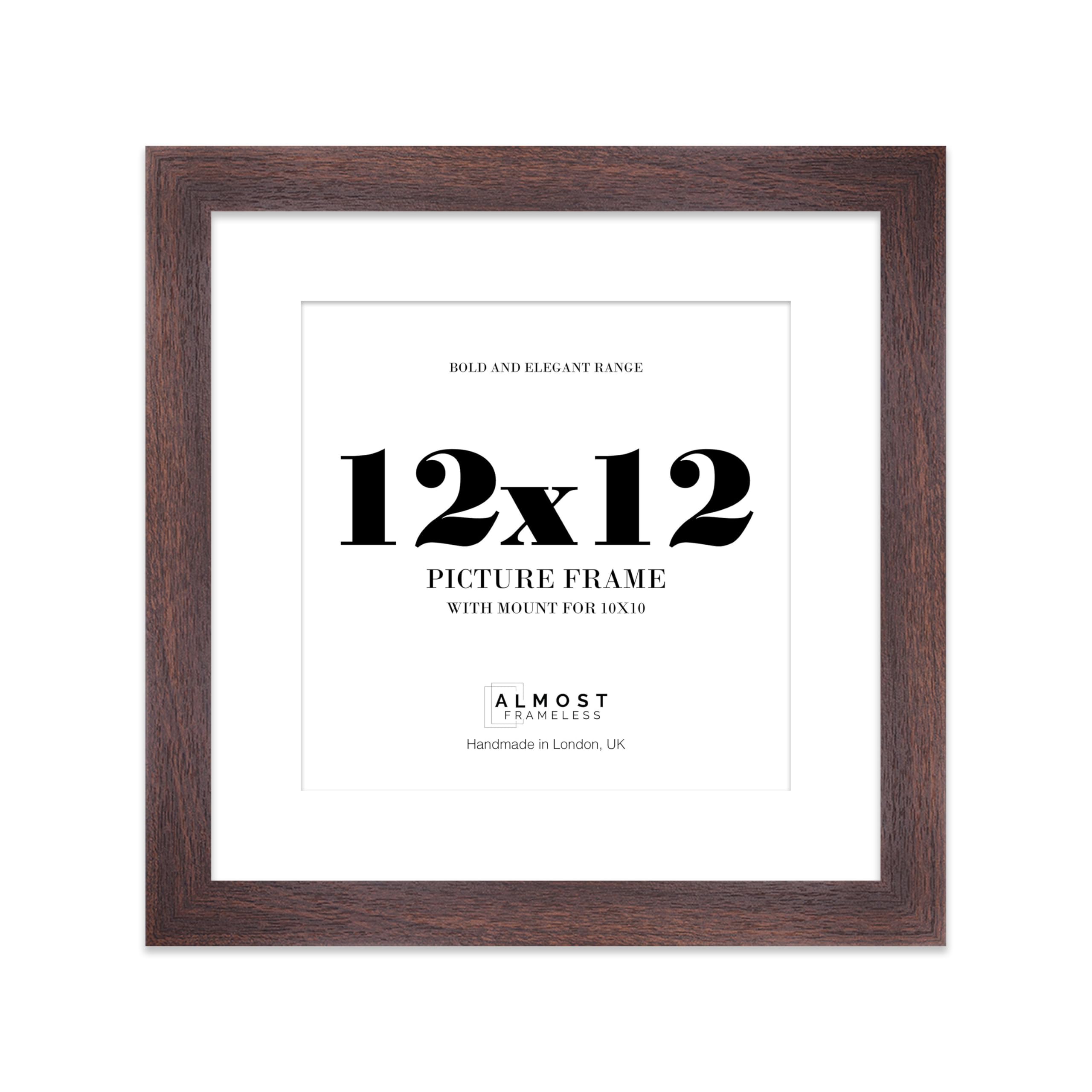 12x12" Walnut Square Frame With Mount for 10x10" Pictures 28mm Edge Frame Display with Wall Hooks and Kickstand, 1 Pack