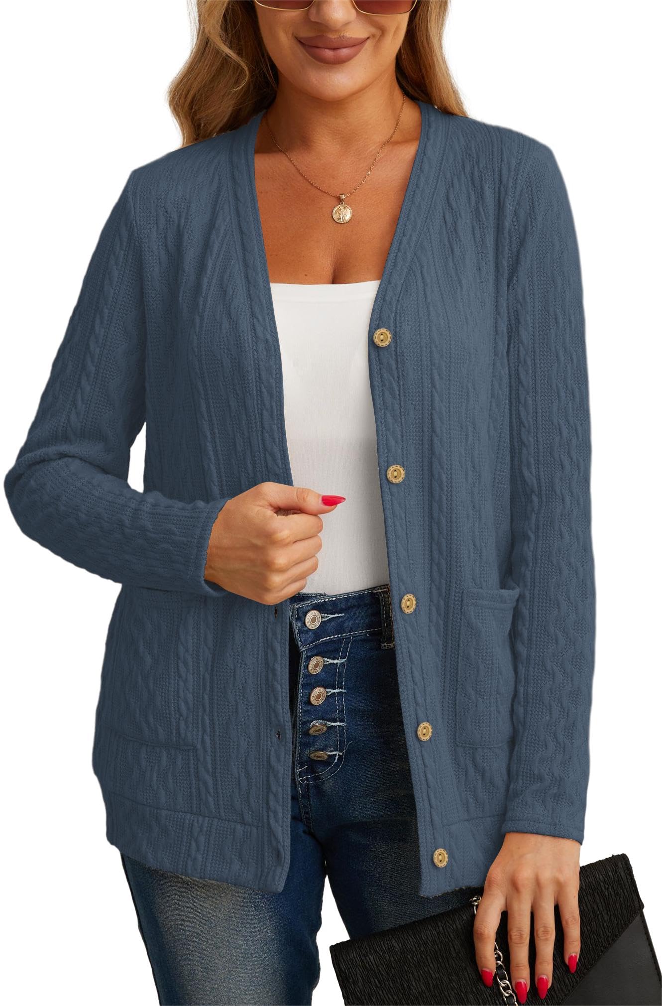 GRECERELLE Womens Lightweight Cardigan Sweater Long Sleeve Button Down Ribbed Knit Outerwear Open Front Tops with Pockets