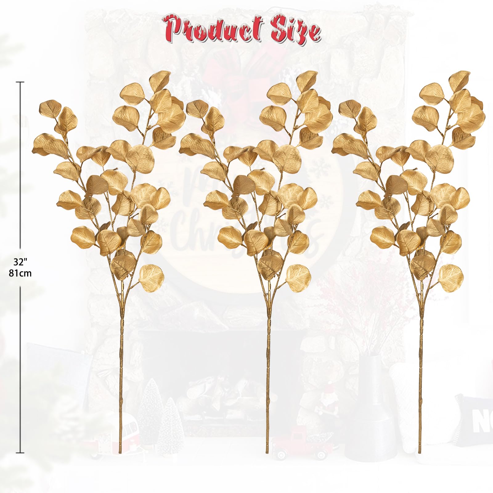 Oairse 3 Pcs Gold Eucalyptus Plants 81cm Artificial Eucalyptus Leaves Stems Faux Eucalyptus Foliage for Christmas Tree Decorations Floral Arrangement New Year Wedding Bouquet Centerpieces Xmas Decor - Image 2