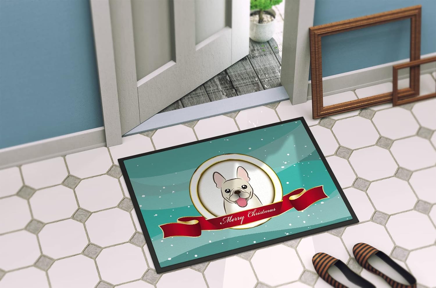 Caroline's Treasures BB1548MAT French Bulldog Merry Christmas Doormat 18x27 Front Door Mat Indoor Outdoor Rugs for Entryway, Non Slip Washable Low Pile, 18H X 27W