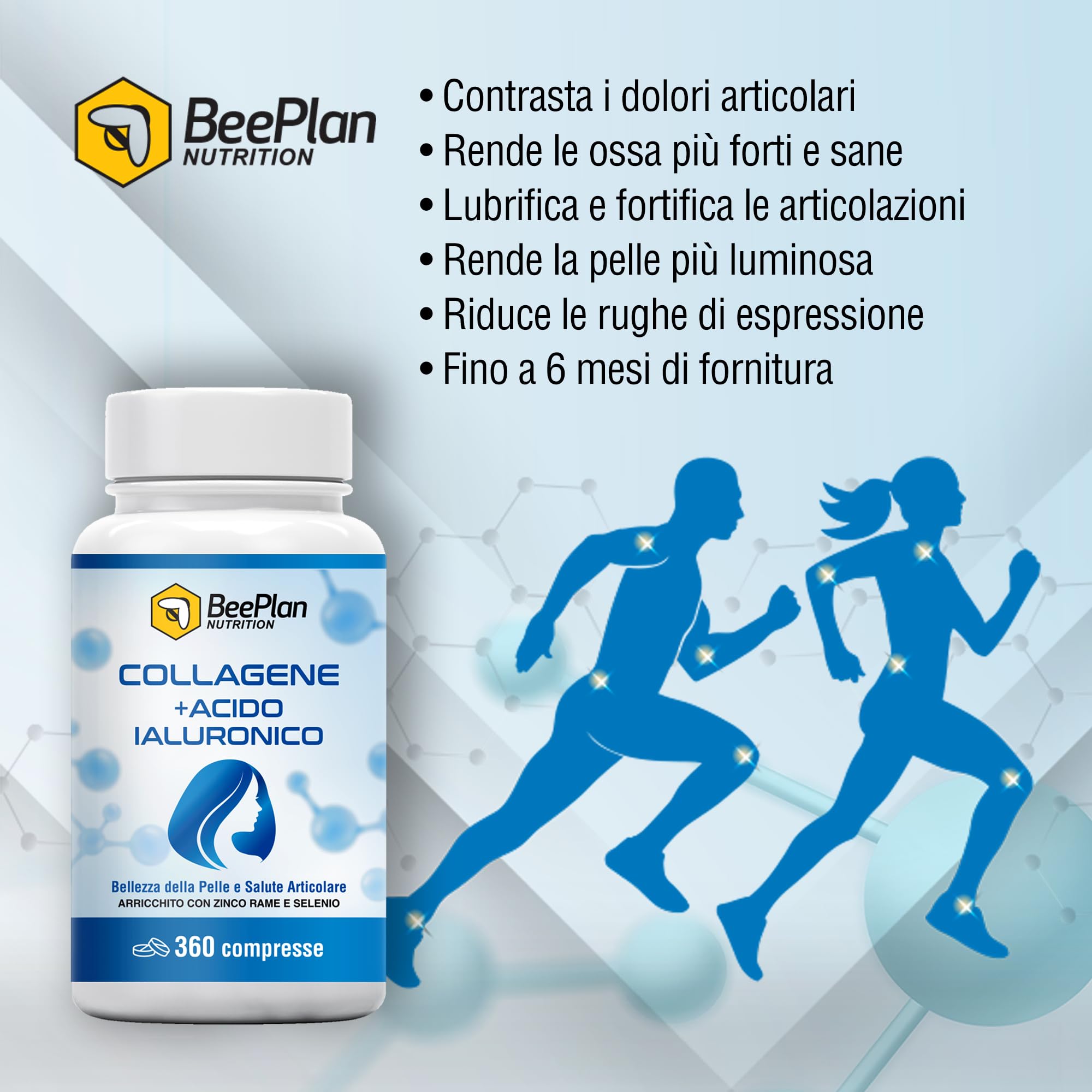 COLLAGENE 360 Compresse - Collagene Idrolizzato 2000 mg - Collagene e Acido Ialuronico - Pelle Luminosa, Articolazioni Sane e Ossa Forti - NUOVA Formula Potenziata - Made in Italy
