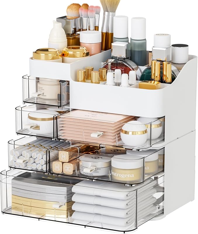 SuoXing Organizador de Maquiagem com 6 Gavetas e 8 Compartimentos, Plástico, Branco, Pacote com 2