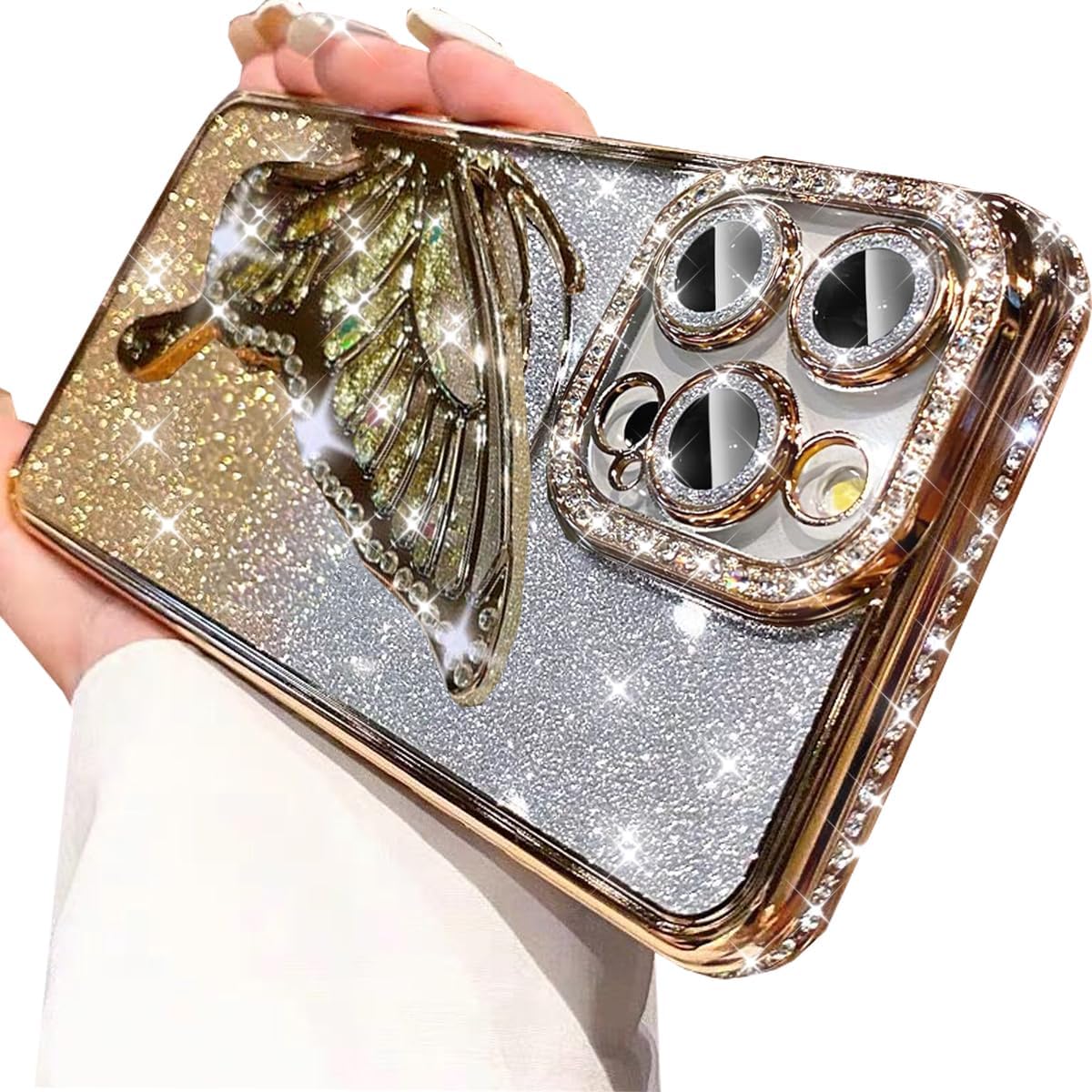 Changjia for iPhone 16 Pro Max Glitter 3D Butterfly Case, Cute Luxury Bling Sparkly Diamond Rhinestones Liquid Flowing Case with Camera Lens Protector, Gold