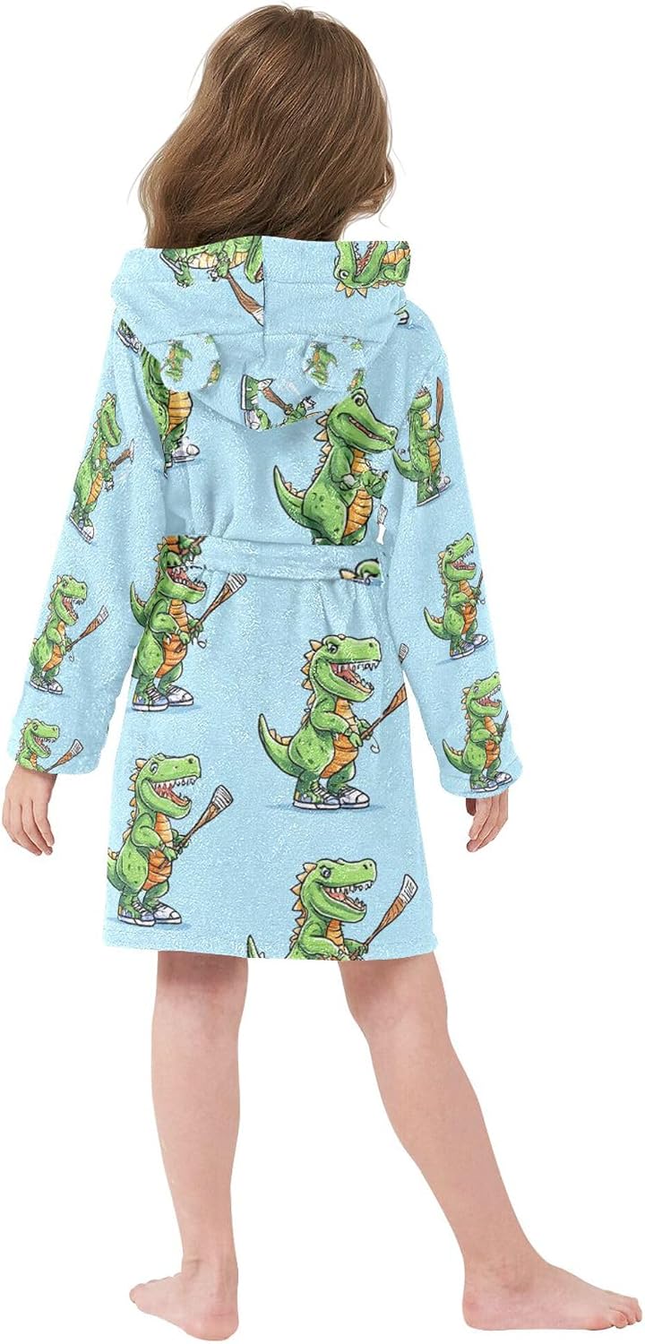 Dinosaur Cartoon Hockey Bathrobe Hooded PJ Robe Soft Fleece Robe Pajama Sleepwears 2-12 Years