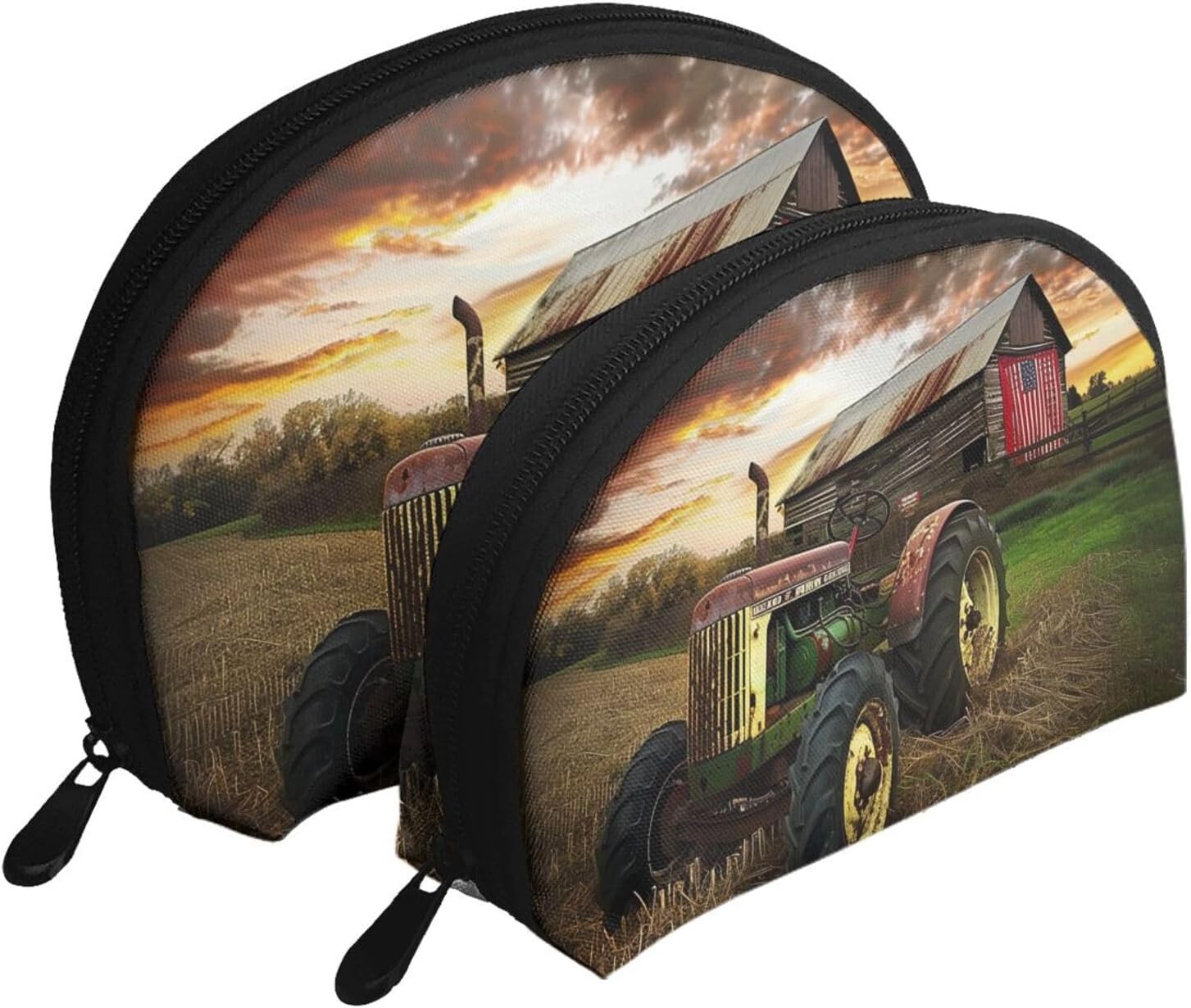 Red London Street Print Makeup Bag Set 2-Piece Portable Clutch Pouch Travel Cosmetic Pouches Toiletry Bags for Daily Storage & Travel Organization, Old Tractor Photo Farm, One Size, Make-Up Pouch
