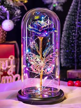 Pusuny Mothers Day Flowers Gifts for Mom Women Birthday Gift Galaxy Glass Rose Forever Eternal Crystal Flowers Rose in Glass Dome with Butterfly Mothers Day Roses Gifts for Mom Daughter Wife Purple