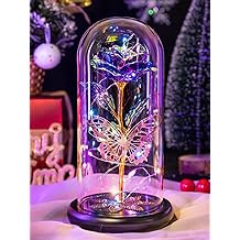 Valentines Day Rose Gifts for Her Women Birthday Gift Galaxy Glass Rose Forever Eternal Crystal Flowers Roses in Glass Dome with Butterfly Valentine Gifts for Women Daughter Mom Wife Girlfriend Purple