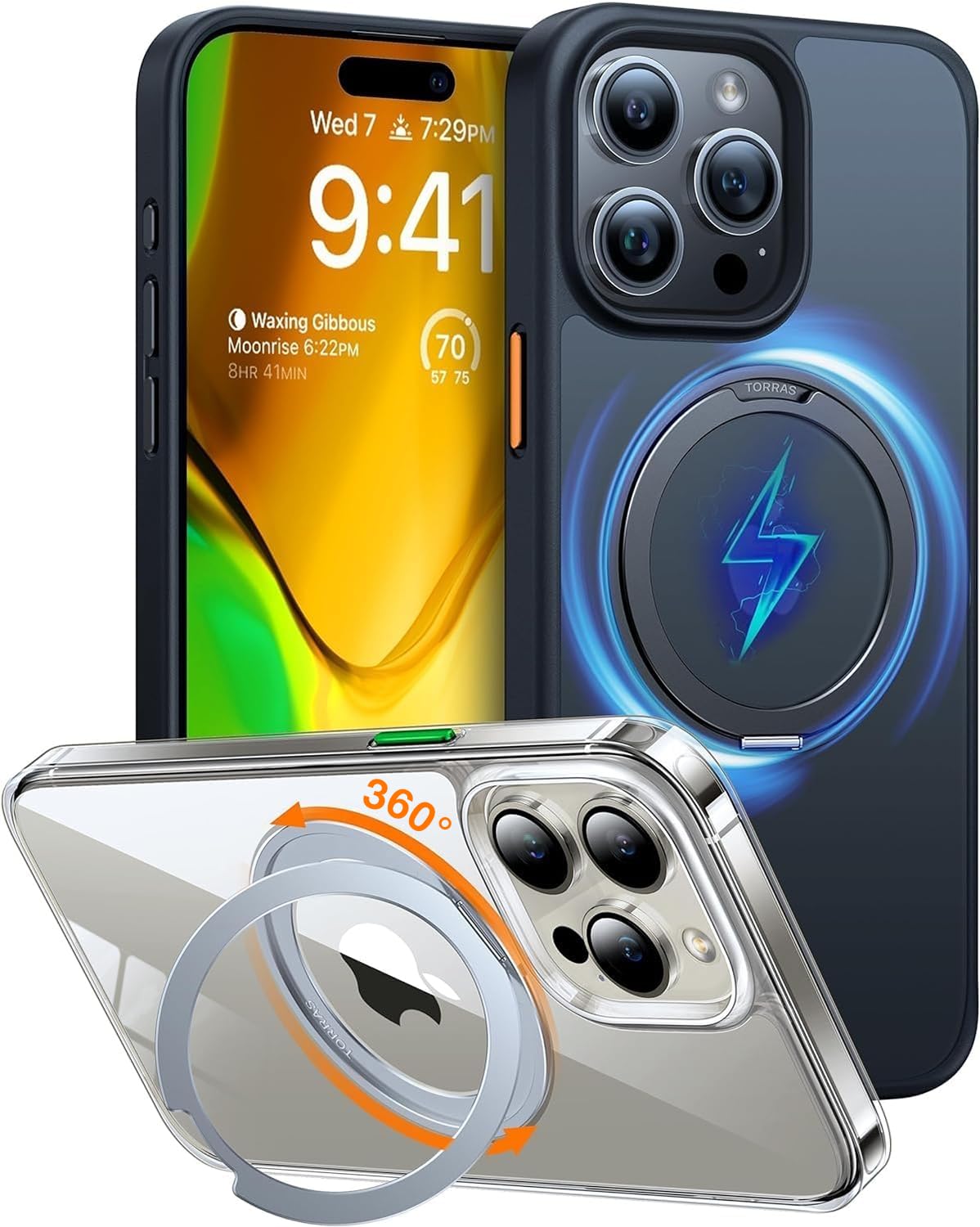 Torras360°Rotatable Magnetic Ring Designed for iPhone 15 Pro Max Case, Compatible with MagSafe with Stand & Ring Holder, Military Grade Shockproof Translucent Back Phone Case Ostand R, Black