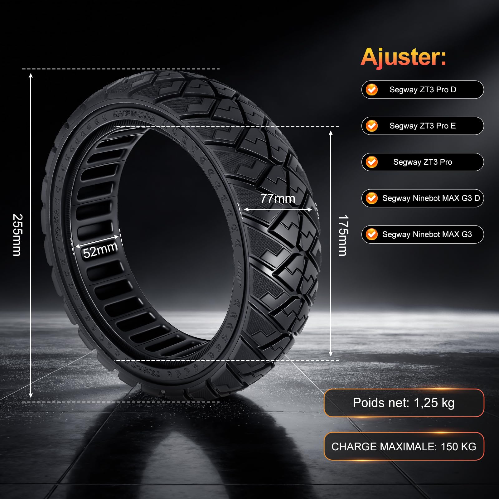 70/60-7,5 Pneu Plein pour Segway ZT3 Pro, ZT3 Pro D et E Trottinettes électriques, Pneus de Remplacement. Pneus Pleins Tout-Terrain Antidérapants, Increvables (Noir, lot de 2)